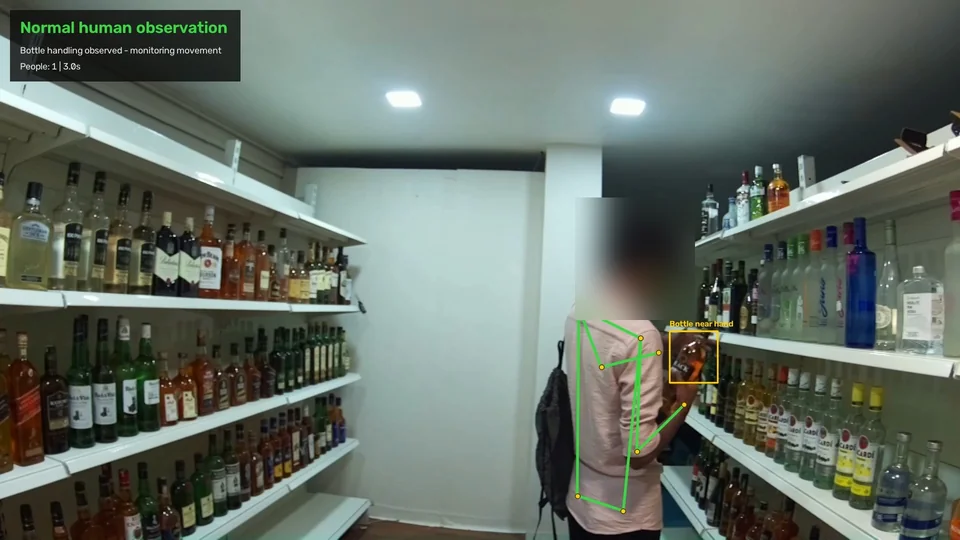 Bottle near a hand beside the right shelf; participant's face blurred.