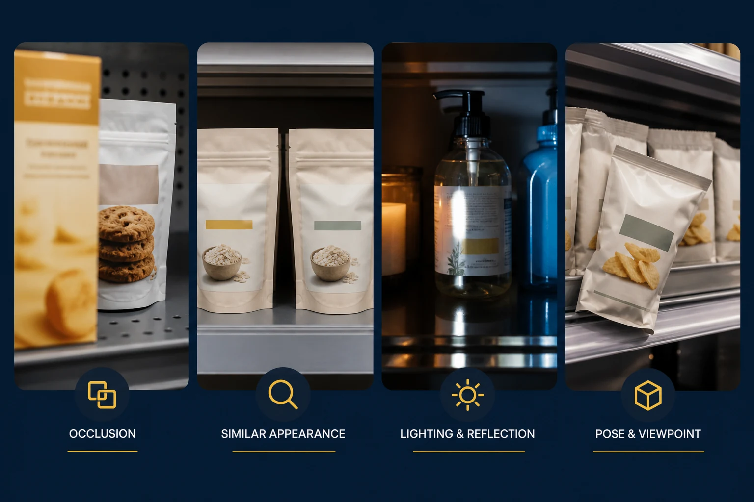 Four computer vision production edge cases: a partially occluded product, visually similar packaging, glare and reflections, and a product in an unexpected position